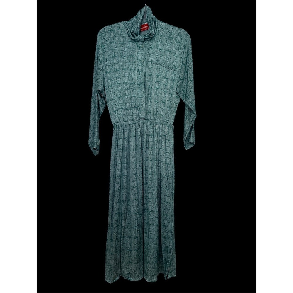 VTG MISS LAGOTTE BLUE GREEN SILKY LONG COWL NECK DRESS‎ WEST GERMANY 38